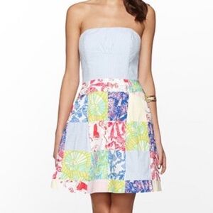 Lilly Pulitzer Patchwork Blossom Dress Seersucker Strapless Stripe & Print Sz 4